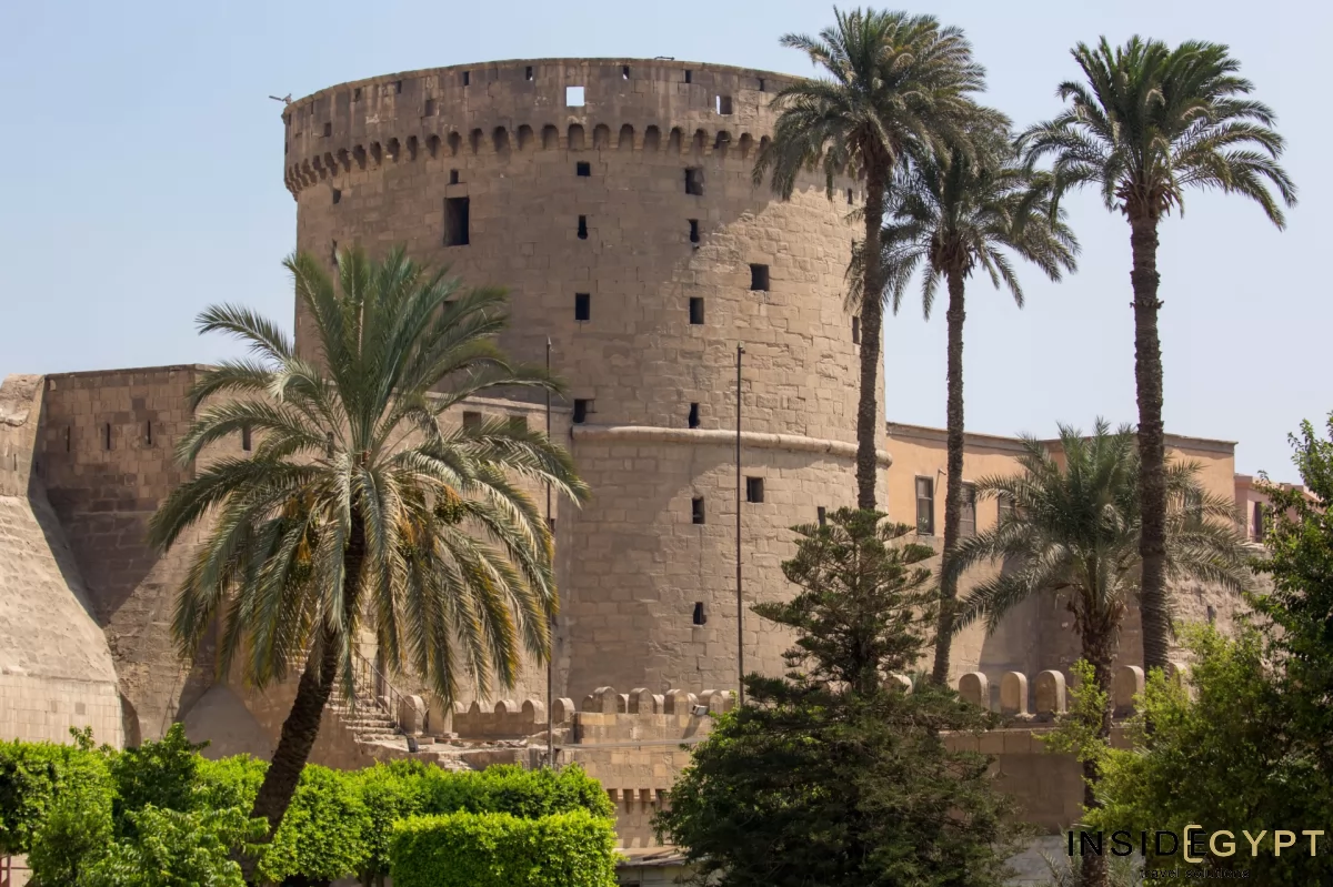 Palm trees adorning one of the Saladin Citadel towers in Egypt 