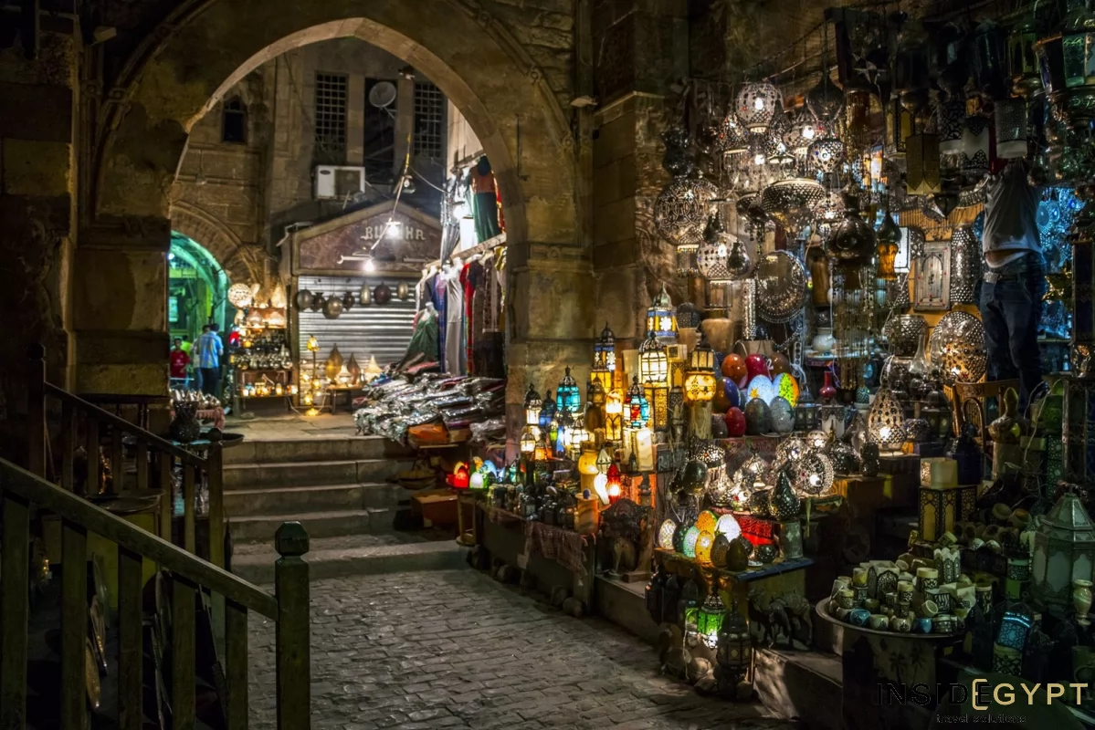 Khan el-Khalili bazaar at night 