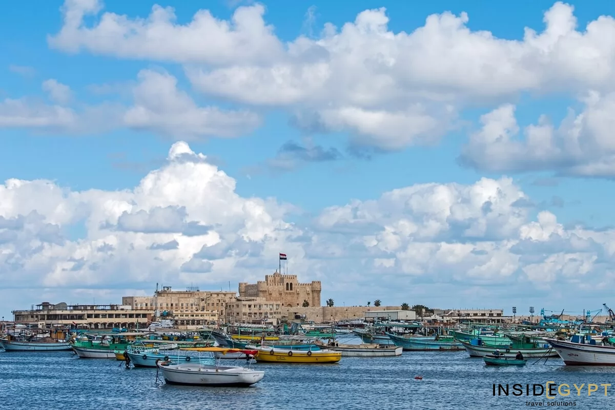 The Citadel of Qaitbay seen from a waterfront promenade corniche in Alexandria 