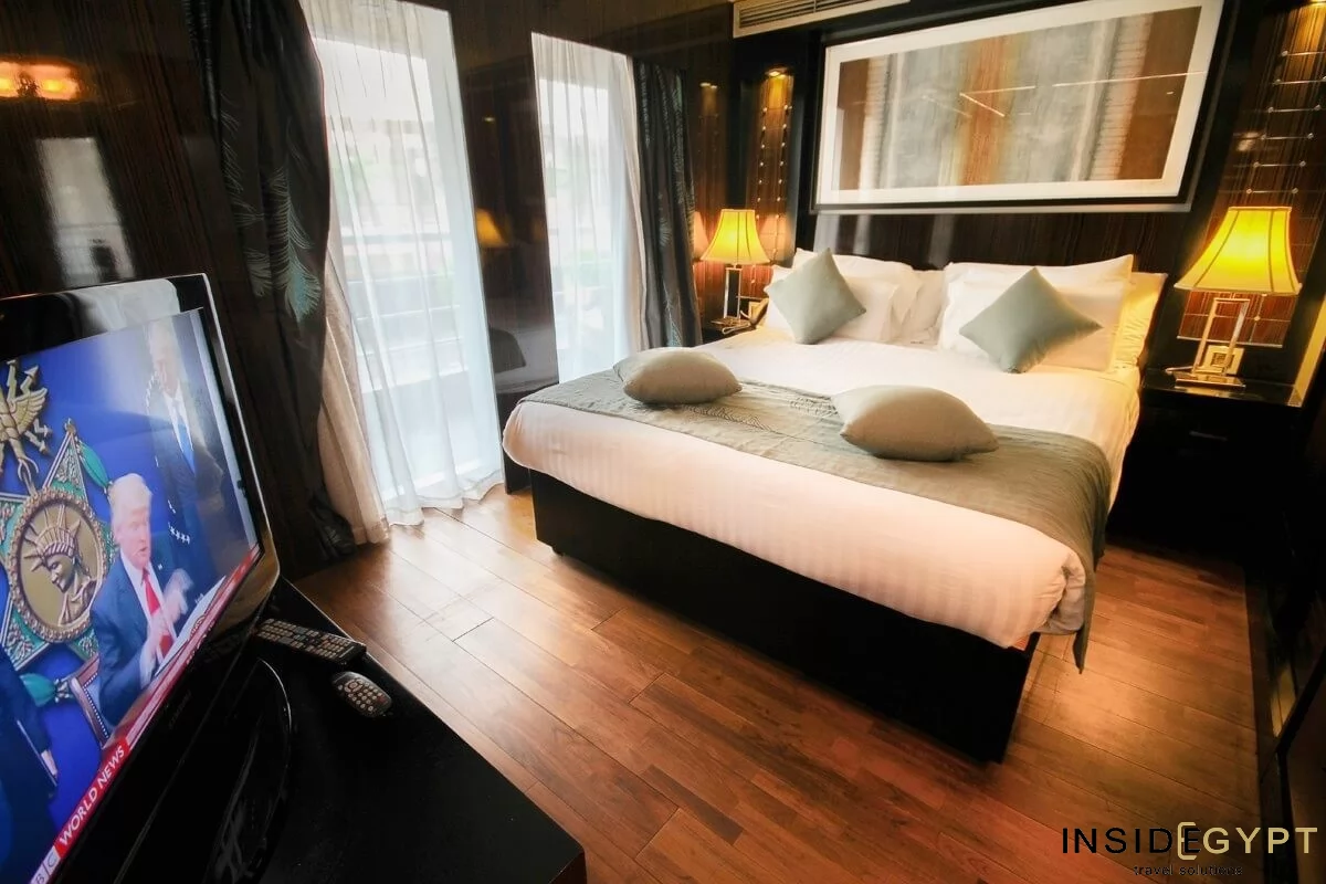 Luxury double bedroom inside the Nile cruise ship